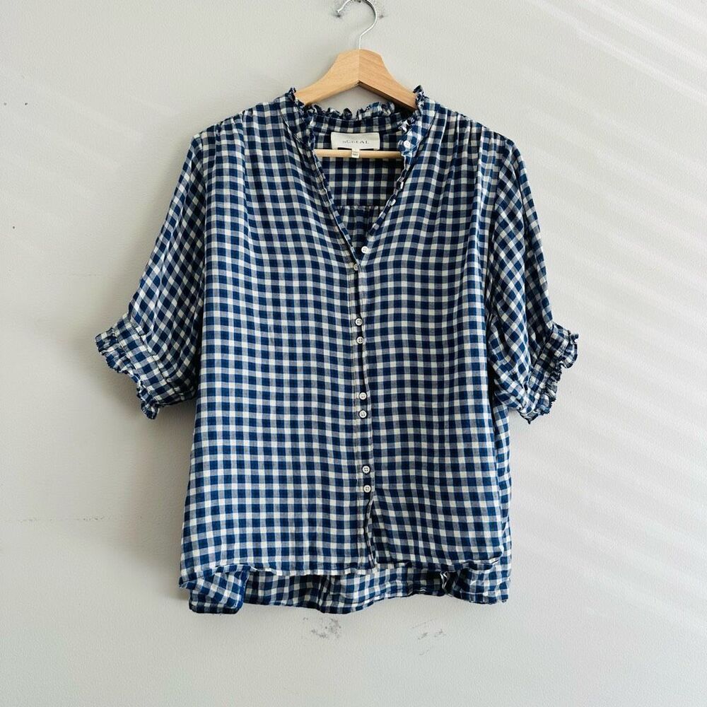 THE GREAT. Blue and White Gingham Button-Down Shirt - Picture 3 of 11